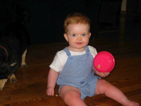 Jane at 11 months - eating Cheerios with Maddie close by